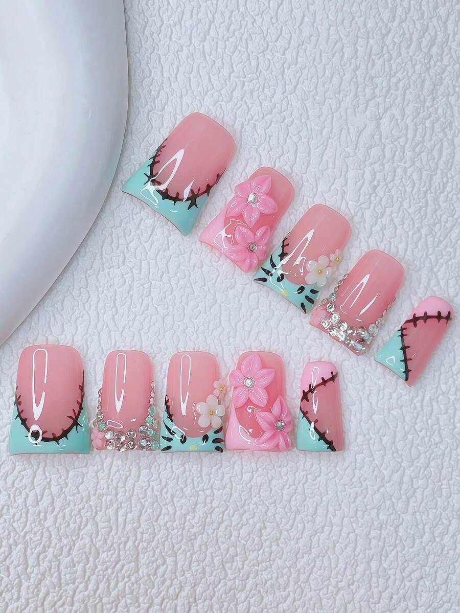 10pcs Y2K Nails Chic Duckbill Press On Nails Set - Handcrafted, Blue Nails, Pink Nails, Blue And Pink French Tip Nails, Handmade 3D Flower, Hand Drawn Black Kitten, Hand Drawn Element Design Decoration, White Little Flower Element Design, Sparkling Rhinestone Nails, - Suitable For Women And Girls, Party, Wedding, Daily Wear, DlY Nail Art, Nail Set, Includes Tool Kit. Duck Nails. Handmade Acrylic Press On Nails. Goth Nails. Nail Supplie - 彩色 - 查看 1