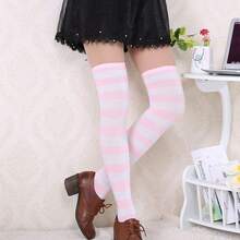 DRESHOW 3 Pairs Thigh High Socks Striped Over Knee Thin Tights Long Stocking Knee High Leg Warmer{"Color_name":"3Pairs:Pink/Blue/Purple"} - Nhiều màu2 - Xem 5
