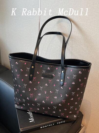 Spring And Summer New Floral Pattern PU Tote Bag, Waterproof Design, Fashionable Large-Capacity Shoulder Bag, Work Commuter Bag, Suitable For Daily Use By Women School Tote Bag,School Bookbag,Portable,Foldable,Business Casual, Suitable For Teen Girls Women College Students,Teacher,Rookies & White-Collar WorkersCollege,Vacation,Beach,Holiday,Shopping, Fashionable Tote Bag With Zipper