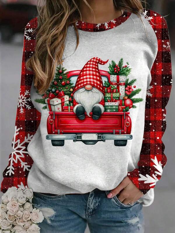 Plus Size Women Christmas Element Printed T-Shirt, Plaid Christmas Tree & Gnome & Snowflake Print Elastic Crew Neck Top, Christmas Outfit