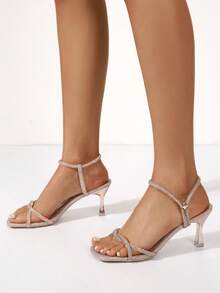 Teens' Casual Holiday Rhinestone Strap Open Toe High Heel Sandals, Summer - Champagne - View 4