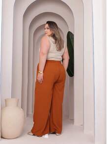 Wide Leg Pants With Elastic Waist Simple Casual Elegant Cloth Pocket - Camel - View 2