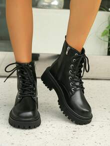 新款女士踝靴，时尚百搭休闲平底鞋 - 黑色 - 查看 7