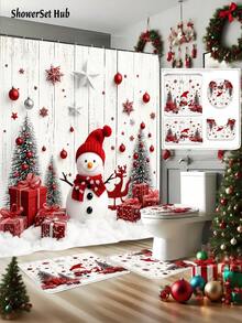 1/3/4pcs Snowflake Snowman Christmas Shower Curtain Bathroom Set ,Waterproof And Wear-Resistant Accessories,With 12 Hooks - Includes Toilet Seat Cover, Bath Mats, And Rugs - Non-Slip Polyester Fabric - Washable - Perfect For Holiday Decor,Home/Bedroom/House/Western Decor, - Multicolor - View 8