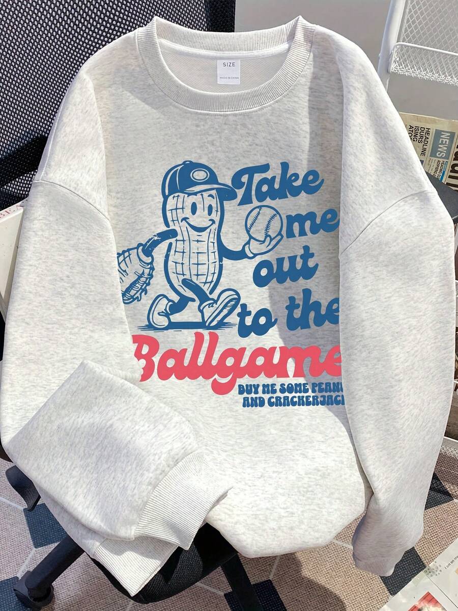 青少年及女孩圆领卫衣，卡通字母图案，百搭时尚，适合日常穿着 - 灰色 - 查看 1