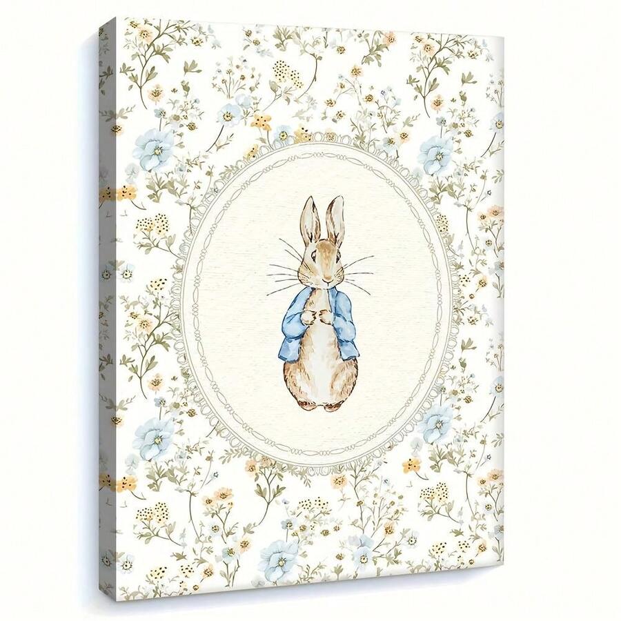 1 pieza Impresión de arte vintage de conejo, Decoración vintage para guardería, 1 pieza Ilustración con marco floral, Ideal para sala de estar, dormitorio, oficina en casa, Decoración de conejo - Multicolor - Ver 1