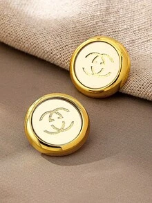 1 Đôi Khuyên Tai Hình Tròn Tối Giản Cổ Điển, Khuyên Tai Khắc Chữ, Trang Sức Cho Nữ Giới Đeo Hàng Ngày - Hoa tai tròn vàng cổ điển - Xem 2