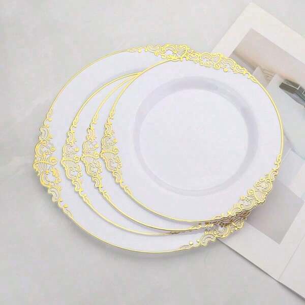 25 piezas de platos con grabado floral chapados en oro vintage, aptos para cena de Acción de Gracias, platos para ensalada, soportes para pasteles, platos para dulces, uso en interiores y exteriores, reutilizables y lavables, excelentes para fiestas y bodas