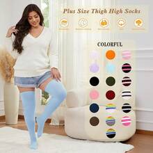 Plus Size Thigh High Socks For Women Thick Thighs Cotton Knit Extra Long Over The Knee Leg WarmerHalloween Christmas New Year - Màu xanh nhạt - Xem 4