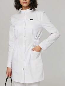 cimmuovere 女士长袖开襟圆领弹力腰身修身护士服工作服牙医保健宠物医院实验室工作服白色春季款 - 白色 - 查看 7