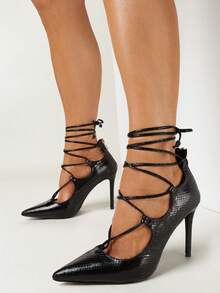 Elegante Schnürpumps mit spitzer Zehenkappe, Damen Abend-/Partyschuh für den Sommer - Schwarz - Übersicht 2