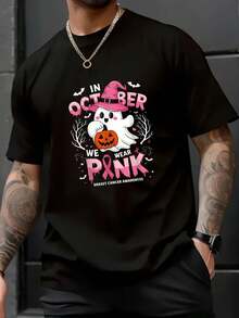 100% Algodón Unisex En Octubre Usamos Camiseta Rosa Camiseta de Concientización sobre el Cáncer de Mama Fantasma, Camiseta de Manga Corta Impresa de Otoño e Invierno - Negro - Ver 6