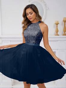 YUMIBRAVO Women's Short Prom Dress, Sequin Mesh Ball Gown, Off Shoulder Dress, Sequined Dress For Party, Women's Autumn And Winter Dress - 藏蓝色 - 查看 5