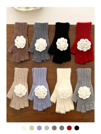 New Cute Floral Knitted Half Finger Gloves, Warm Student Cycling Gloves With Sweet Camellia Decor, Versatile Fingerless Gloves For Women In Winter Thanksgiving Christmas Winter Holiday Outfit Women+Winter Gear+Gloves Bear+Christmas