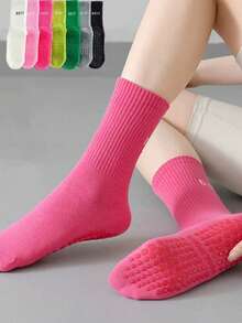 1 Paar rutschfeste, atmungsaktive Sport-Yoga-Socken mit Silikonbeschichtung, einfarbig mit Buchstaben-Motiv, knöchellang, geeignet für Zuhause, Fitnessstudio, Outdoor-Sport, Yoga, Tanz, Pilates, stoßabsorbierend