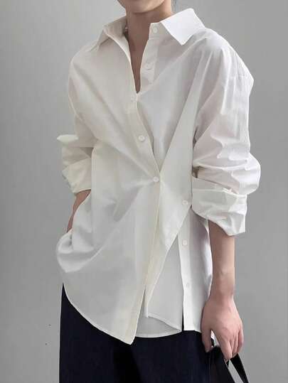 Women's Casual Loose Turndown Collar Long Sleeve Design Oblique Placket Shirt, Woven Fabric, Suitable For Casual, Office, Daily, Airport Wear, Spring & Autumn White