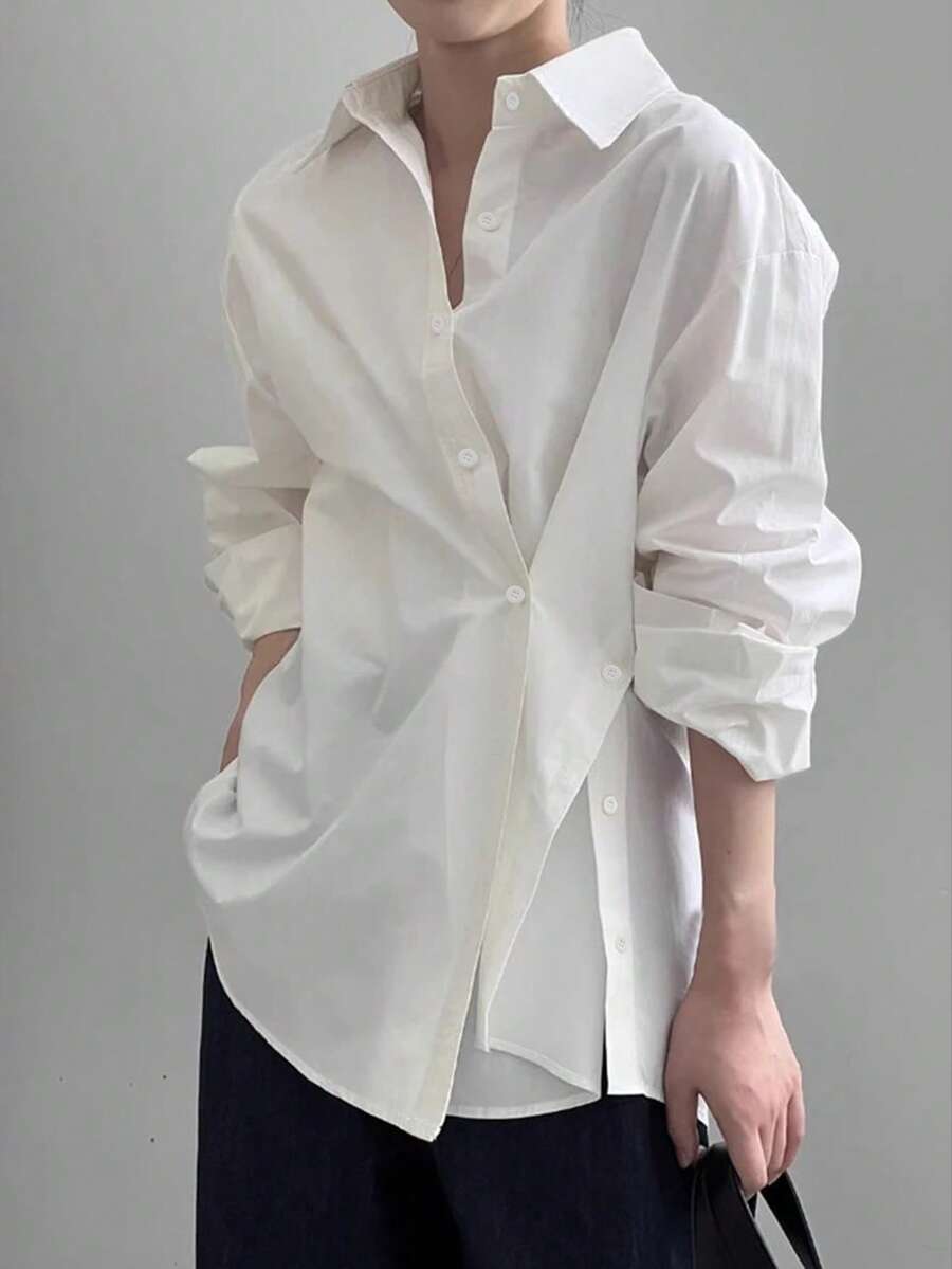 Women's Casual Loose Turndown Collar Long Sleeve Design Oblique Placket Shirt, Woven Fabric, Suitable For Casual, Office, Daily, Airport Wear, Spring & Autumn White - White - View 1
