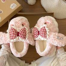 2025 New Cute Cartoon Rabbit Plush Slip-On Slippers, Thick Sole Fluffy Indoor/Outdoor Warm Comfortable Casual Fur Slippers - Pink - View 2