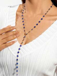 imoli 1pc Bohemian Style Copper Chain Colorful Crystal Rhinestone Heart & Y-Shaped Tassel Pendant Necklace For Women, Party Gift (Handmade Chain Cut To Size, Varying Crystal Quantity & Random Color Combination, Model Image For Reference Only)