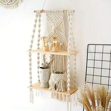 Woven Wall Hanging Rack, Bohemian Style Handwoven Hanging Rack, Wood Finish Storage Rack, Suitable For Bedroom And Bathroom Decoration, Bohemian Wall Decoration, Floating Shelf - 米色 - 查看 8