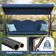 ZZW 3 Seat Outdoor Porch Patio Swing With Stand 800lbs 2-In-1 Convertible Swing Bed With Adjustable Canopy & Removable Cushion For Yard Garden Deck - 藍色 - 查看 6