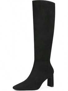 MUCCCUTE Knee High Boots For Women Chunky Heel Square Toe With Side Zipper Pull On Tall Fall BotasChristmas - 黑色絨面厚底高跟鞋 - 查看 10