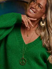 Plus Size Women Sweater - Loose Fit V-Neck Solid Color Casual Knitted Pullover, Slouchy Minimalist Plus Size Knit Sweater For Women, Autumn/Winter - 綠色 - 查看 1