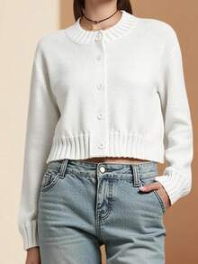 Women's Button Down Crop Cardigan Solid Color Long Sleeve Round Neck Sweater For Fall - White - View 4