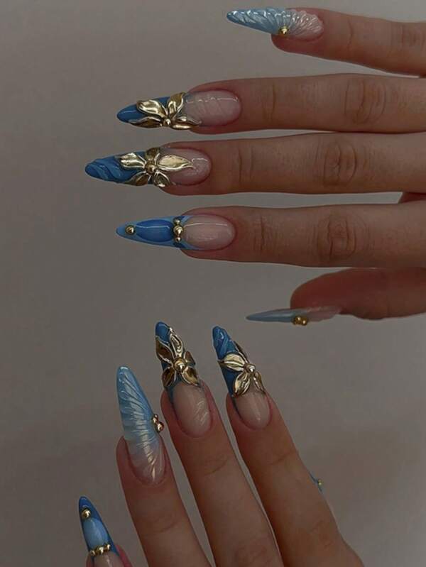 24 Pcs French Tip Blue Nails With Gold 3D Gel Flowers, Ripples And Small Gold Beads, Includes: 1pc Jelly Glue And 1pc Nail File, For Woman & Girl Daily Wear Rave Party Use Nail Supplies Nails