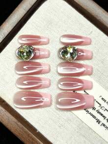 A Set Of 10 Pieces Of Pure Handcrafted Wearable Armor. Press-On False Nails Are Shiny. French Dual-Color Design. Sparkling With Rhinestones. Multiple Color Combinations. Fashionable And High-End. Personalized Graffiti. ,Halloween Nails. Christmas Gift. Valentine's Day Gift. Girls Can Reuse And Get A Gift Set With Tools.Pink Nails