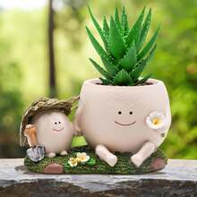 Cute Smile Face Planter Pot With Drainage Hole Funny Plant Pots For Indoor Outdoor Plants, Head Flower Pots For Succulent String Of Pearls Unique Gift On Mother's Day, Birthday, Christmas - 米色 - 查看 9