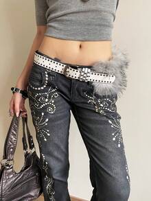 1pc Women's White PU Leather Punk Style Double Row Rivet Decor Belt, Versatile Waist Band - White - View 5