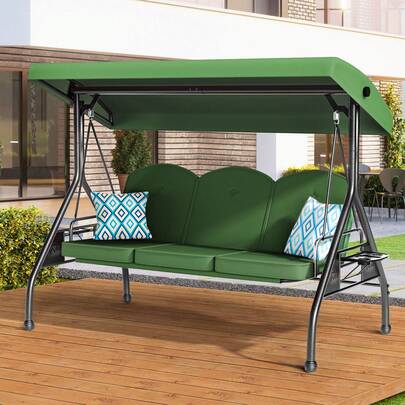 ZZW 3 Seat Outdoor Porch Patio Swing With Stand 800lbs 2-In-1 Convertible Swing Bed With Adjustable Canopy & Removable Cushion For Yard Garden Deck