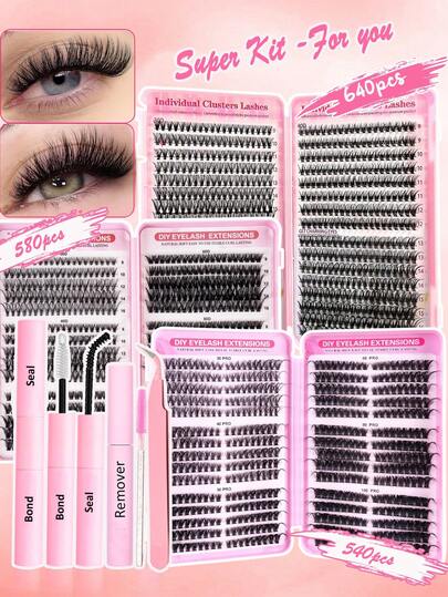 540片装浓密D型卷翘8-16mm混合DIY睫毛嫁接套装，包含柔软单根睫毛，打造蓬松自然的粉色底妆效果，在家轻松DIY持久美睫，套装包含睫毛胶水、卸妆液和DIY睫毛镊子（30D--100D）