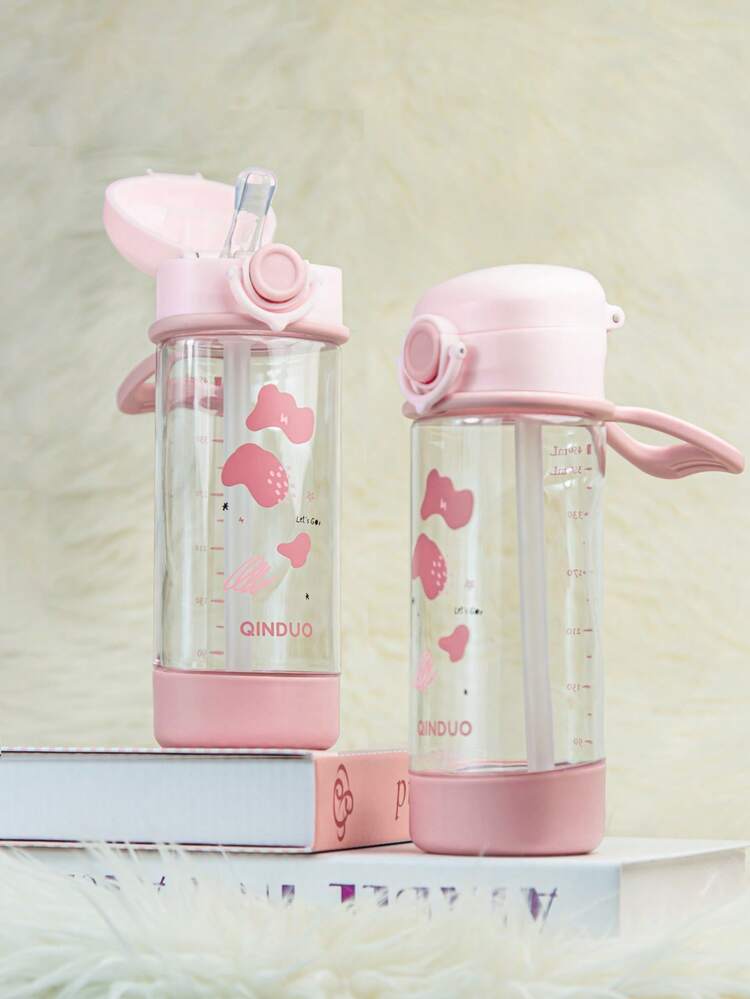 1pc 380ml Kids Straw Cup, Student Water Bottle With Lock, Dustproof Leakproof Shockproof, Marked Scale With Round Handle, Suitable For Daily Home, Outdoor, School, Kindergarten, Cute Gift - Pink - View 1
