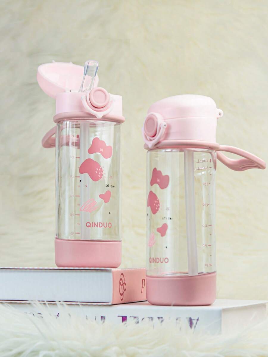 1个380毫升儿童吸管杯，学生水壶，带锁，防尘防漏防震，带刻度和圆形手柄，适合日常居家、户外、学校、幼儿园使用，可爱礼物 - 粉色 - 查看 1