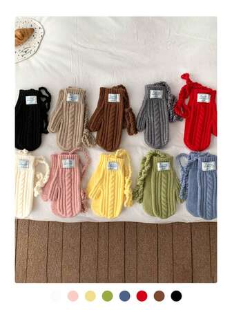 秋冬季保暖可爱挂脖触屏针织手套，女士加厚保暖防风全指针织手套，适合学生、骑行、户外活动