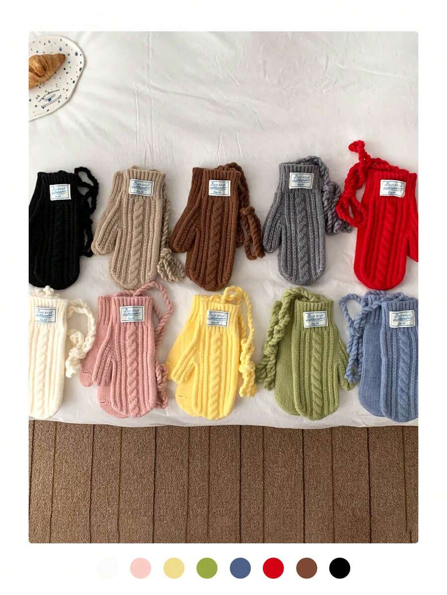 秋冬季保暖可爱挂脖触屏针织手套，女士加厚保暖防风全指针织手套，适合学生、骑行、户外活动 - Best wish布標 - 查看 1