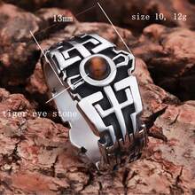 1 pezzo Anello unisex semplice e classico in acciaio inossidabile con gemma naturale occhio di tigre, lucidato a specchio, adatto per feste e uso quotidiano