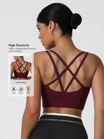 Sodalemon 无缝训练健身运动胸罩交叉后背加厚背心纯色弹力圆领户外跑步休闲运动胸罩