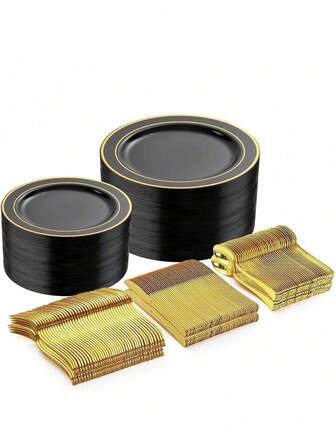 50 件黑色和金色盘子套装，含餐具，包括 10 件 9 英寸餐盘、10 件 6.3 英寸甜点盘、10 把刀、10 把叉子、10 把勺子，适合派对、节日、婚礼和生日，可重复使用，新年用品