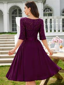 MIUSOL Elegant Maroon Sweetheart Neck Floral Lace A-Line Cocktail Swing Dress, Half Sleeves, Flowing Ruffle Trim Hem, For Wedding Guest, Prom, Evening Party - 紫紅色 - 查看 2