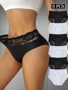 6pcs/Pack Women's High Waist Seamless Lace Thong Panties - Black and White - View 3