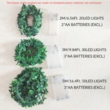 1 pieza 2m/3m/5m Luces de guirnalda de hojas de vid artificial con alimentación a batería, blanco cálido para decoración interior y exterior, dormitorio, guardería, boda, jardín, fiesta, cerca, Navidad, decoración del hogar