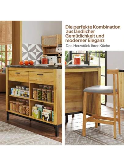 120*75*90cm, Country Kitchen Isl Drawers Open Shelves, Oak Grain Finish, Zwart Marble Countertop, Metal Frame, Back Bar Area view 4