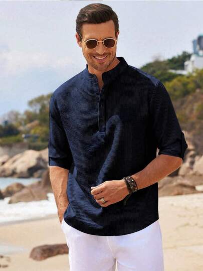 Officeau Men's Long Sleeve Henley Shirt Button Down Collar Striped Plaid Design Casual Comfort Soft Fabric Daily Wear Summer Beach Vacation Fashion Breathable Roll-Up Sleeves Stylish Men's Outdoor Attire Classic Fit Versatile Lightweight Shirt For Men Daily Use Men's Tops, Fall Old Money Men's Dress Shirt