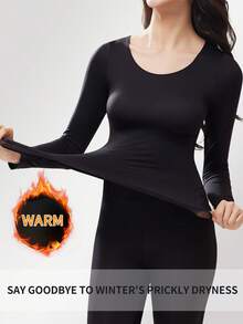 2pcs/Set Solid Color Seamless Ultra-Thin Thermal Underwear, Women Long Sleeve Crew Neck Top, Casual Innerwear For Autumn/Winter - Black - View 7