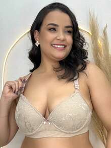 Plus Size Bra With Reinforced Microfiber Lace - Beige - View 3