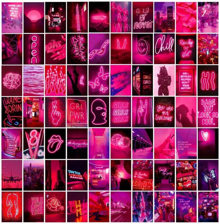70 Pcs Pink Neon Wall Collage Kit Aesthetic Pictures,Hot Pink Room Decor For Bedroom Small Posters For Room Aesthetic,Dark Pink Dorm Photo Wall Decor For Teen Girls Women 4x6 Inch - Neon hồng - Xem 1