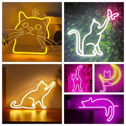 Katzen LED Neon Schild Neonlicht USB betrieben Nachtlicht, 3D Wandkunst Dekor Neon Schilder für Schlafzimmer Wohnzimmer Dekor Lampe Geschenk für Kinder Mädchen